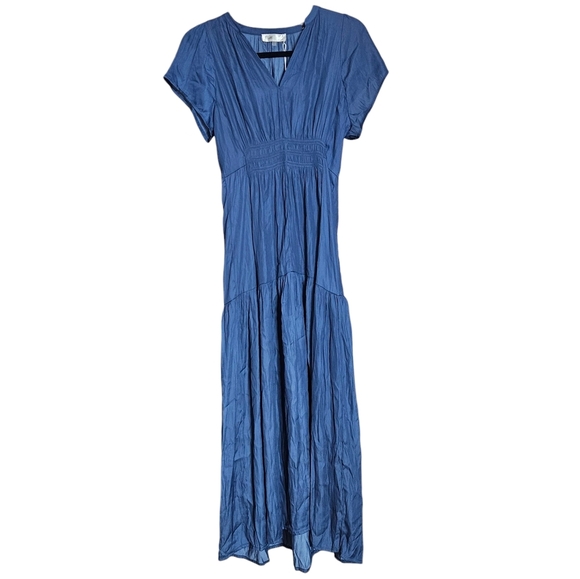 Rielle Satin Tiered V-neck Midi Dress Blue Short Sleeve size XS NWT - Picture 2 of 8